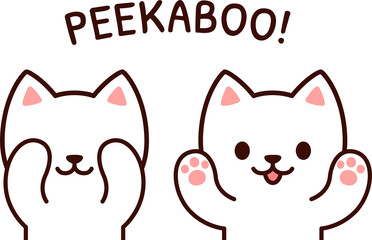 Cute cartoon cat playing Peekaboo, hiding and opening face. Simple kawaii kitten illustration.