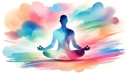 A man is sitting in a lotus position in a colorful background. The background is filled with different colors and shapes, creating a sense of peace and tranquility, watercolor style