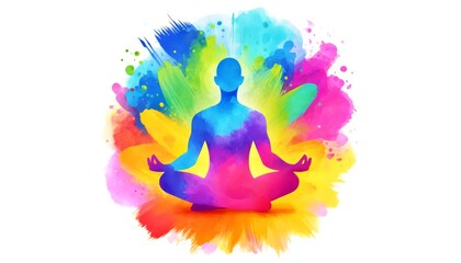 A man is sitting in a lotus position in a colorful background. The background is filled with splashes of color, giving the impression of a vibrant and energetic atmosphere, watercolor style