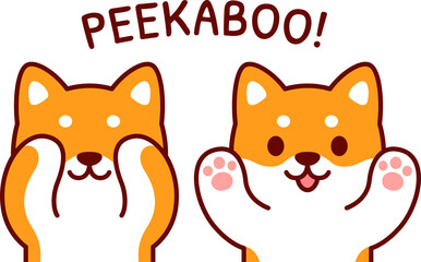 Cute cartoon Shiba Inu puppy playing Peekaboo, hiding and opening face. Simple kawaii dog illustration.