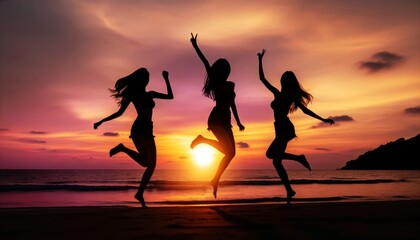 Silhouette Three women are jumping in the air on a beach at sunset. Scene is joyful and carefree