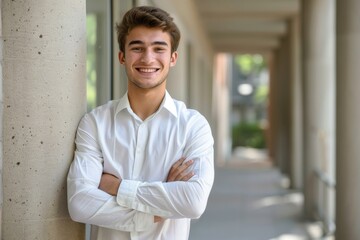 Young smiling business university student standing against college campus wall with arms crossed