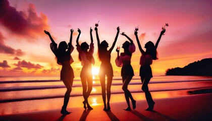 Silhouette A group of women are standing on a beach, celebrating and having fun. They are all holding drinks and are surrounded by a beautiful sunset