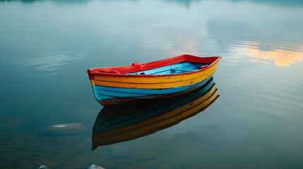Naklejka premium Tranquil Close-Up of Colorful Plastic Boat Gracefully Floating on Calm Water with Copy Space for Text