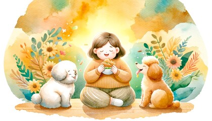 A girl is sitting on a bench with two dogs. She is eating something and the dogs are watching her. The scene is peaceful and calm, watercolor style