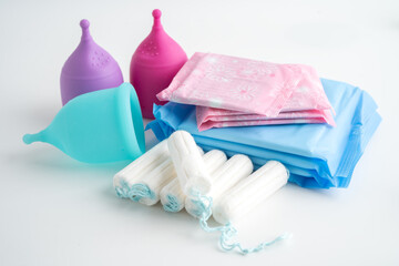 Sanitary pad napkin, tampon and menstruation cup for woman hygiene protect menstruation cycle. © Pakawadee