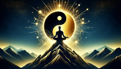 A man meditating in front of a yin and yang symbol. Concept of peace and harmony, as the man is in a state of deep relaxation and contemplation