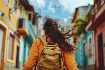 a happy female traveller running in the streets