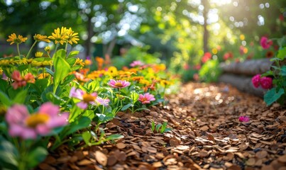 Beautiful sunlight illuminating a vibrant garden path adorned with colorful flowers, creating a serene and picturesque nature scene.
