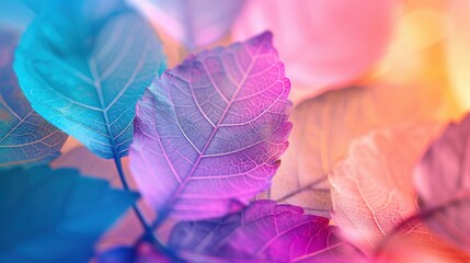 Close-up of colorful leaves showcasing detailed veins in vibrant hues, creating an artistic and natural abstract image.