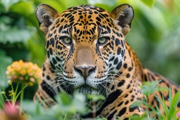 Naklejka premium Close-up of a majestic jaguar with striking patterns, set against a lush green natural background, highlighting its piercing gaze.