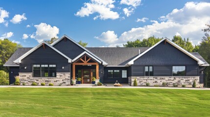 Obraz premium ranch home with a striking contrast between dark siding and light stone accents, offering a modern aesthetic