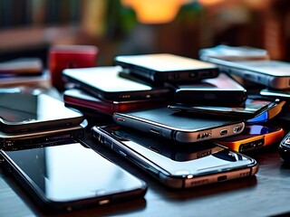 A pile of many mobile phones on a table. The background features various types and models of smartphones.
