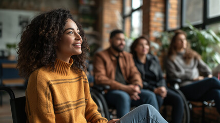 A sign language interpreter communicating with a group, Disability Pride Month with copy space