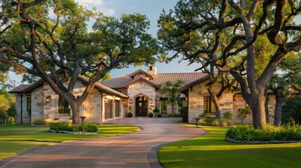ranch house with an elegant, curved driveway and mature trees framing the entrance