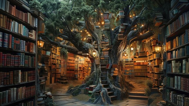 Enchanted library with a giant tree at the center, bookshelves filled with books, and magical lighting for a whimsical reading space.