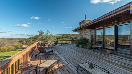 Obraz premium ranch house with an expansive, panoramic back deck offering views of the surrounding nature