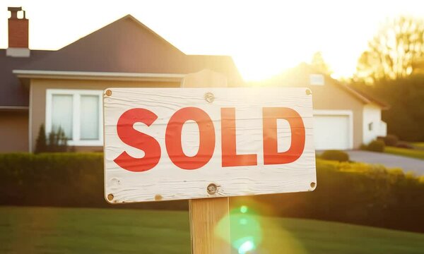 A bold red 'SOLD' sign on a wooden post with a blurred house in the background (mov)
