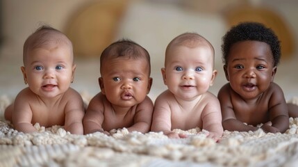 Close-up of four happy babies of different ethnicities lying on a soft blanket, smiling and looking at the camera.