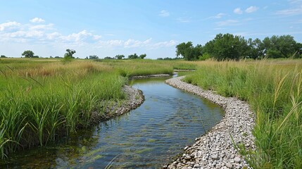 Serene Stream Winding Through Lush Grasslands