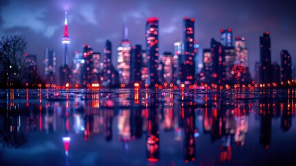 A vibrant city skyline at night with colorful lights reflecting in the water, creating a mesmerizing urban landscape.