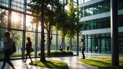 Blurred background of people walking in a modern office building with green trees and sunlight , eco friendly and ecological responsible business concept