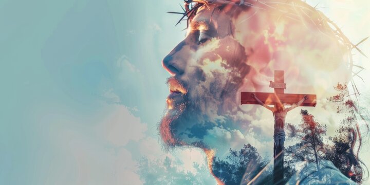 Abstract double exposure portrait of Jesus Christ and the cross, sacred harmony, symbolizing the unity of faith and salvation