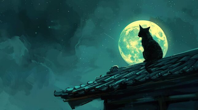 Curious cat sitting on a rooftop, mesmerized by the full moon on a peaceful night
 Seamless looping 4k time-lapse virtual video animation background. Generated AI