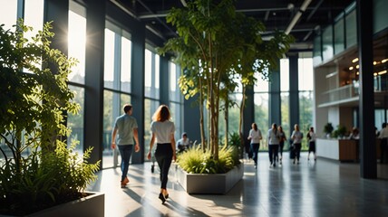 Blurred background of people walking in a modern office building with green trees and sunlight , eco friendly and ecological responsible business concept