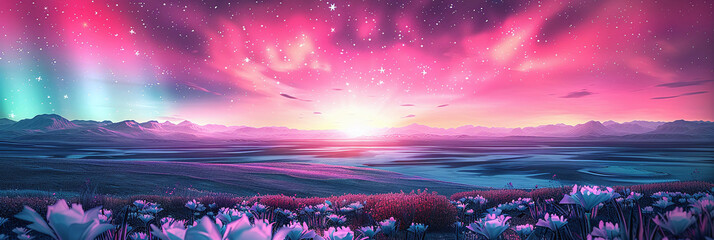 Obraz premium A starry night with pink and purple hues illuminates a blooming flower field, creating a surreal landscape. The serene scene captures nature's enchanting beauty under the cosmos.