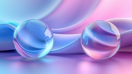 A serene abstract composition: two spheres in soothing blues and purples, set against a gentle gradient of blue, pink, and purple. Evokes a tranquil and harmonious atmosphere.
