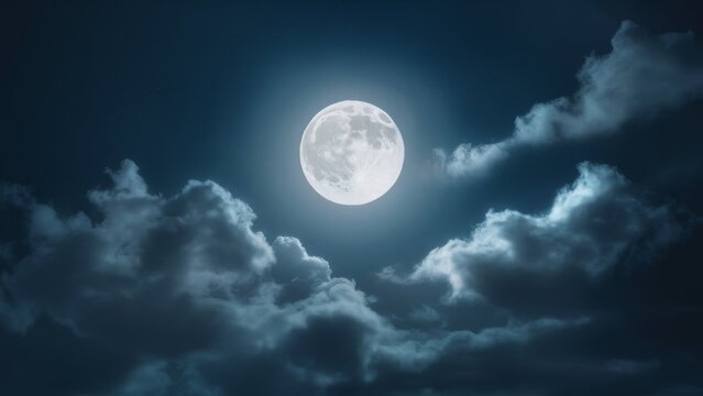 A captivating night sky scene with a bright, glowing full moon illuminating the landscape. The moon's surface appears to emit soft, otherworldly light that casts a gentle glow on the scattered clouds.
