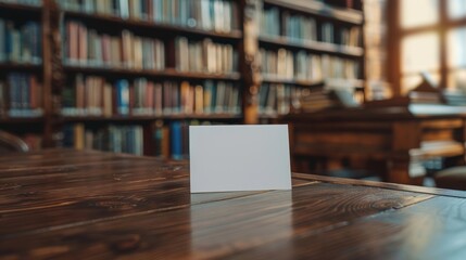 Blank white card placed on a wooden table in a cozy library setting, ready for personalized messages or notes.