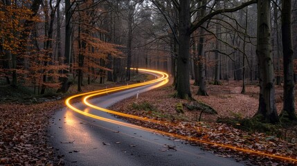 Fototapeta premium Winding forest road with glowing light trails, capturing the movement and energy of a journey through the autumn woods.
