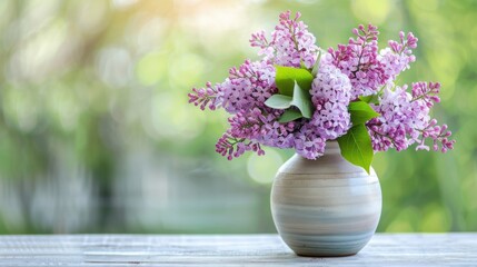 Fototapeta premium Beautiful vase of fresh lilac flowers placed on a wooden table, with a soft green background creating a serene atmosphere.