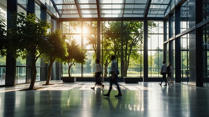 Blurred background of people walking in a modern office building with green trees and sunlight , eco friendly and ecological responsible business concept