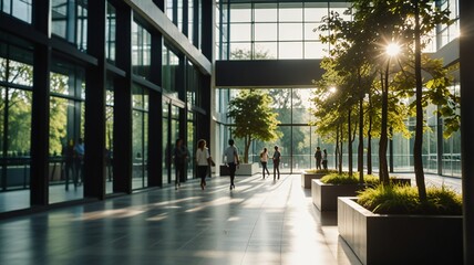 Blurred background of people walking in a modern office building with green trees and sunlight , eco friendly and ecological responsible business concept
