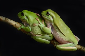Two green tree frogs perched on a branch.