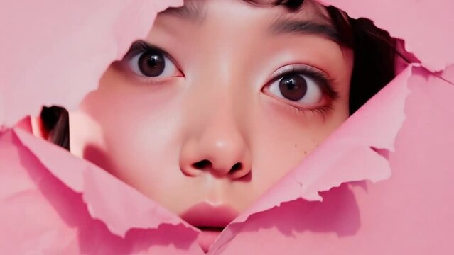 ピンクの紙を破って覗くアジア人女性のユニークなポートレートムービー
