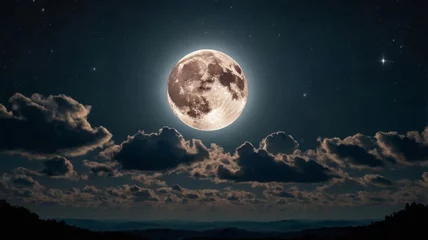 A captivating night sky scene with a bright, glowing full moon illuminating the landscape. The moon's surface appears to emit soft, otherworldly light that casts a gentle glow on the scattered clouds.
