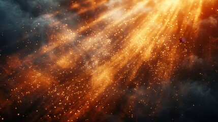 A golden beam of light shining through darkness, illuminating fine particles in the air, creating a warm and mystical atmosphere.
