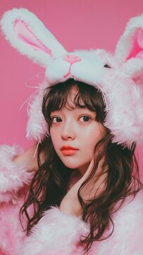 ピンクのうさぎの着ぐるみを着たアジア人女性の可愛いポートレートムービー

