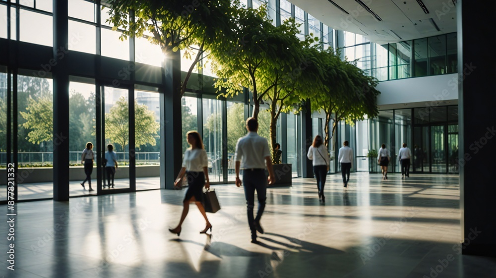 Wall mural blurred background of people walking in a modern office building with green trees and sunlight , eco