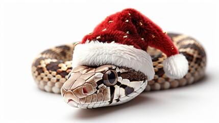 Naklejka premium Festive Snake Wearing Santa Hat on White Background - Holiday Theme