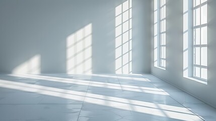 Obraz premium A bright, empty white room with sunlight casting window grid shadows on the wall and floor, creating a clean and minimalist atmosphere. 