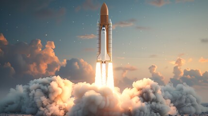 Rocket launching into the sky from a worms-eye view, photorealistic CGI, intense details of smoke and fire, vast night sky, powerful thrust, sense of grand scale and ambition