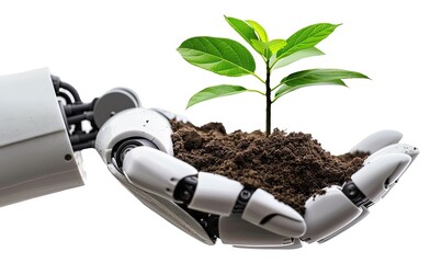 A robot is holding a plant in its hand