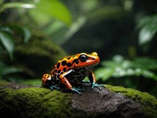 Fototapeta premium closeup of bright poison dart frog sitting on stone