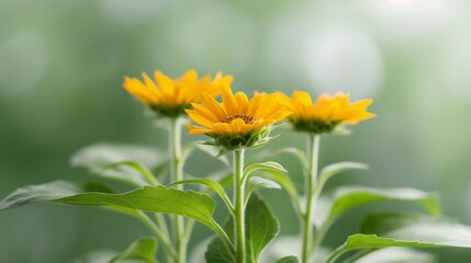 Three yellow flowers blooming in the green garden on a sunny day.