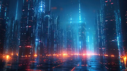 Fototapeta premium Futuristic cityscape: Vertical blue code and data streams ascend in a digital metropolis. Dark backdrop amplifies high-tech vibes. Cyberpunk art. 